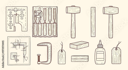 Vintage hand drawn sketch collection of various tools isolated on transparent background