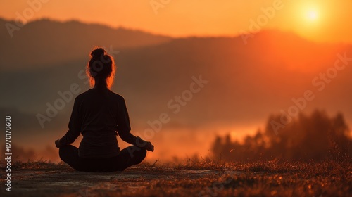 person meditating sunrise outdoors with blured nature background