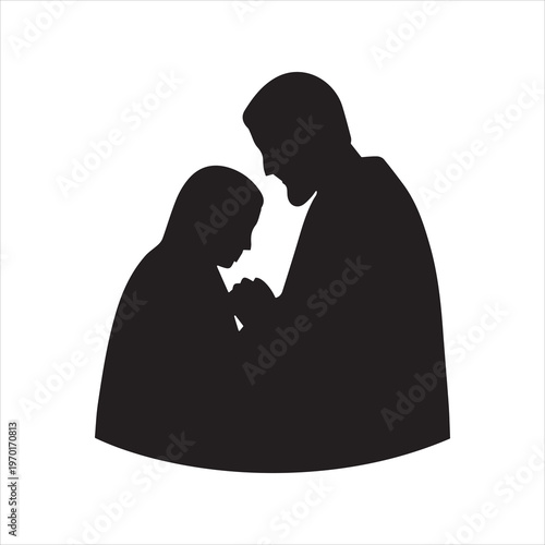 Minimalist silhouette vector illustration of two figures in prayer. Spiritual care and guidance concept. Isolated on transparent background
