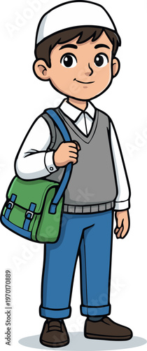 Young Muslim Boy School Student in Uniform with a Messenger Bag Smiling and Ready for Learning