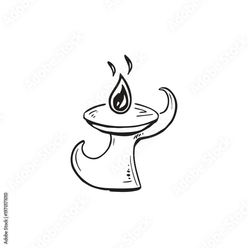 Ornate vintage oil lamp with a flickering flame, an ancient light source symbolizing tradition, spirituality, and mystical ambiance, isolated vector illustration.