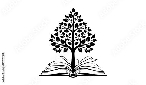 Elegant detailed tree of knowledge growing from open book black silhouette vector illustration for literature theme