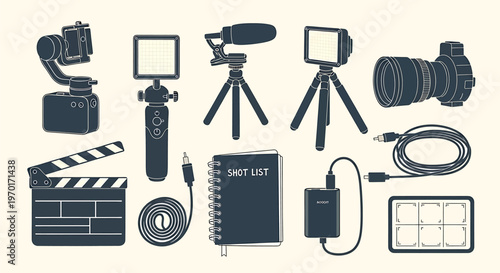 Filmmaking equipment collection isolated on transparent background cameras microphones and accessories for video production