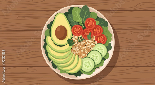 Healthy Buddha Bowl Vector Illustration with Avocado, Tomato, Cucumber, and Grains on Wooden Table - Vegan Diet and Healthy Lifestyle Concept