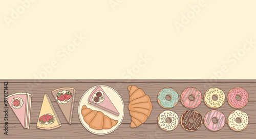 Bakery Banner Background with Assorted Cakes, Donuts, and Croissants on Wooden Table