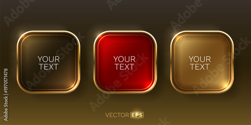 A stylish set of three glossy, rounded square buttons with elegant golden frames. Perfect for custom text and UI elements.