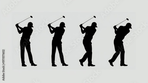 Golf, golfing, silhouette, icons, set of 4 golfers, black, gray background
