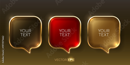 Luxurious glossy speech bubbles with golden borders. Elegant text boxes for modern design.