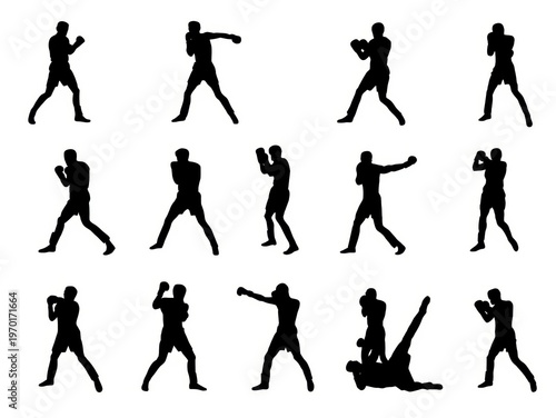 Boxing, fighting, sports silhouettes, 13 black icons, athletic poses