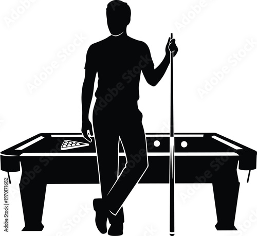 Silhouette of a man leaning against a pool table holding a billiard cue stick in his hand