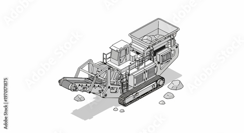 Isometric Mobile Stone Crusher Line Art - Industrial Rock Crushing Plant Illustration on White Background
