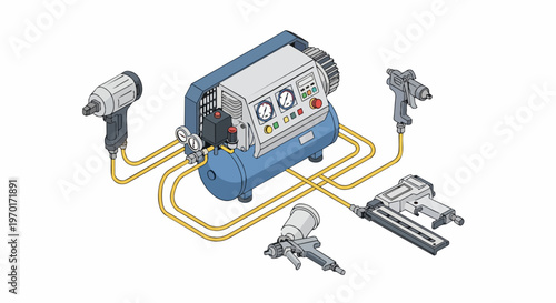 Industrial Air Compressor System with Pneumatic Tools Illustration: Impact Wrench, Nail Gun, and Spray Gun Set on White Background