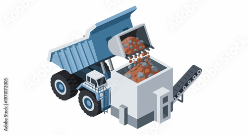 Isometric Mining Industry Vector Illustration of a Heavy Haul Truck, Excavator Dumping Ore into a Crusher with Conveyor Belt for Open Pit Extraction