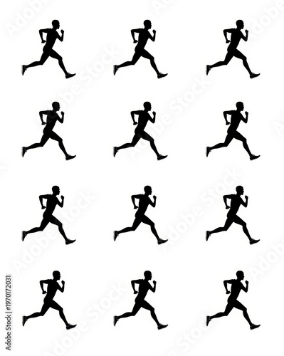 Running silhouettes, athletic icons, fitness graphics, black runner illustrations, motion graphics set