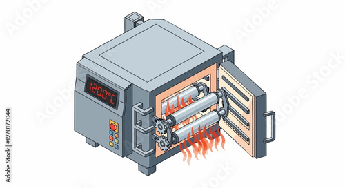 Isometric Industrial Muffle Furnace with Digital Display showing 1200 Degrees Celsius and Internal Rollers for High-Temperature Material Processing