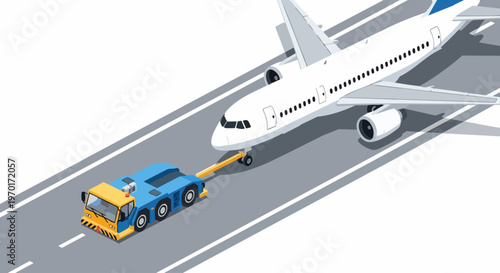 Isometric Illustration of an Airplane Being Towed by a Pushback Tractor on an Airport Runway