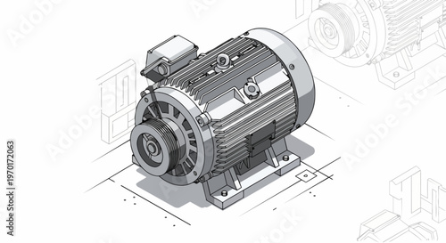 Isometric Illustration of an Industrial Electric Motor, Technical Engineering Drawing of Machine Part on White Background