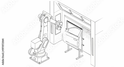 Industrial Robotic Arm Spray Painting a Car Door in a Factory Setting - Isometric Line Art Illustration of Automotive Manufacturing Automation and Industry 4.0 Technology