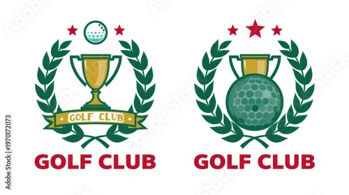 Golf club logo set, golf trophy icons, laurel wreath emblems, golf ball and cup graphics