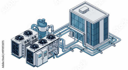 Isometric Industrial HVAC System Illustration with Commercial Building Cooling Units, Ventilation Fans, and Connected Piping Infrastructure