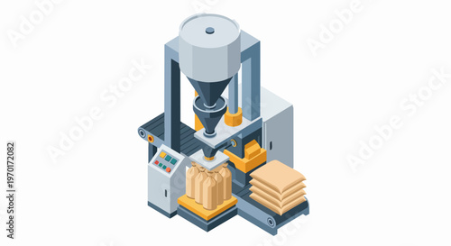 Industrial Packaging Machine Isometric 3D Illustration with Conveyor Belt and Automated Filling System for Bags