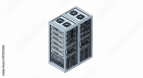 Isometric Data Server Rack Illustration for Cloud Computing and Network Infrastructure