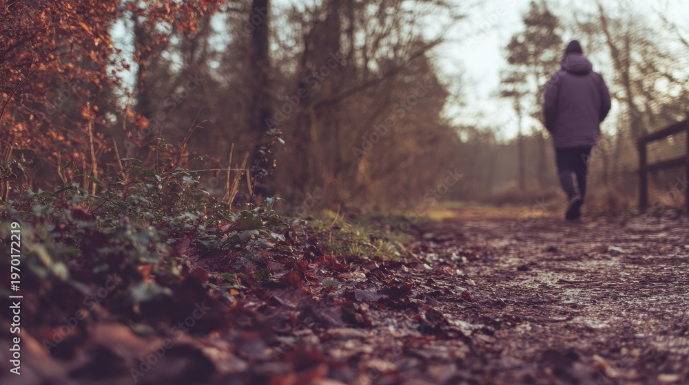 Fototapeta premium person exploring woodland path with blured nature background