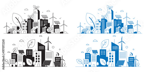 Sustainable city with green energy concept vector illustration set.