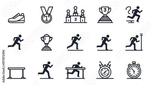 Running, athletic icons, sports symbols, 16 black line icons, fitness graphics, track and field