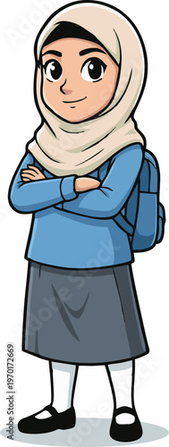 Young Muslim Girl Student Wearing Hijab and Uniform Ready for School Education with Backpack