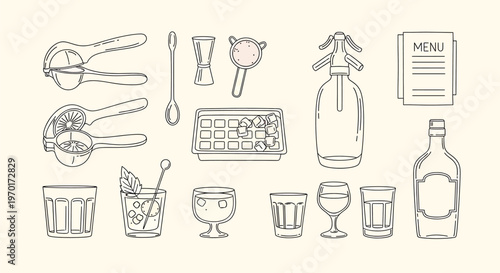 Vintage hand drawn sketch collection of bar tools glassware and cocktail ingredients isolated on transparent background
