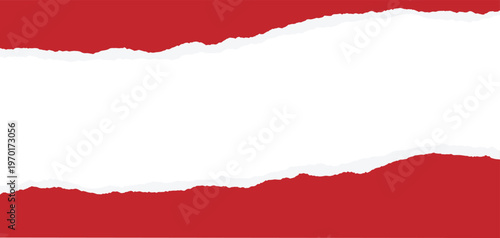 Abstract torn paper banner with red edges and white center. Ripped horizontal strip texture creates bold contrast background.