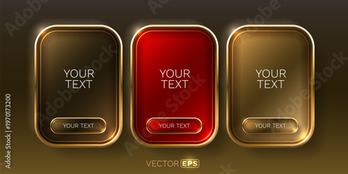 Glossy 3D buttons with golden frames in red and gold colors.