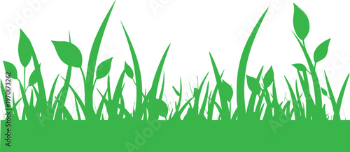 Green grass and leaves border background. Fresh nature silhouette with growing plants and foliage. 