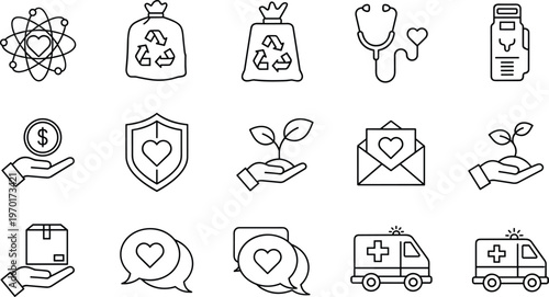 Healthcare charity sustainability line icons set donation support medical care recycle environment help ambulance protection vector collection designv