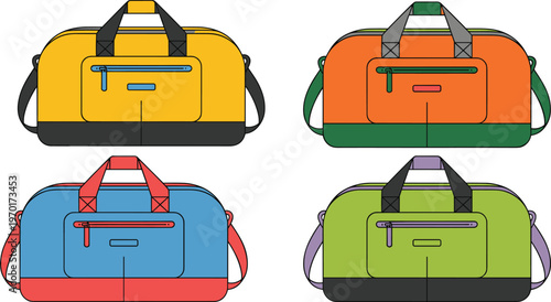 Set of colorful sports duffel bags and travel luggage icons including yellow orange blue and green gym carryall vector illustrations