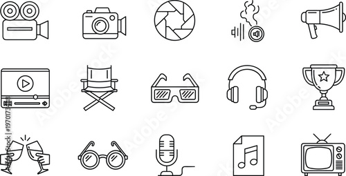 Media entertainment line icons set film production audio video camera music cinema recording broadcast vector collection design