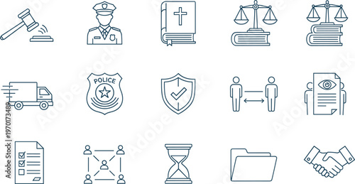 Law justice legal service line icons set police protection contract agreement court security business compliance vector collection designv