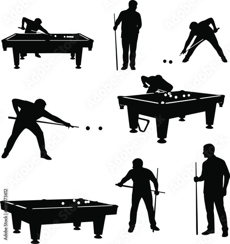 Black silhouettes of people playing billiards and pool at various tables with cue sticks