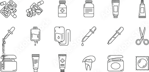 Medical healthcare line icons set pharmacy medicine dental equipment hospital treatment drug hygiene vector collection design
