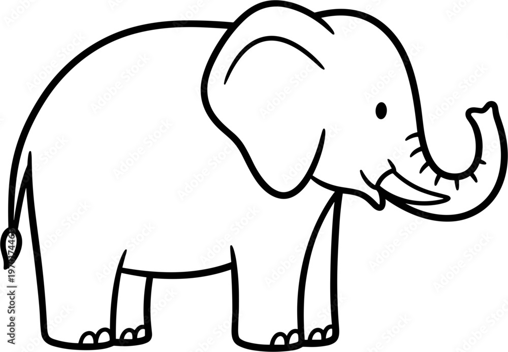 Fototapeta premium Cute cartoon elephant drawing, simple line art illustration, white background