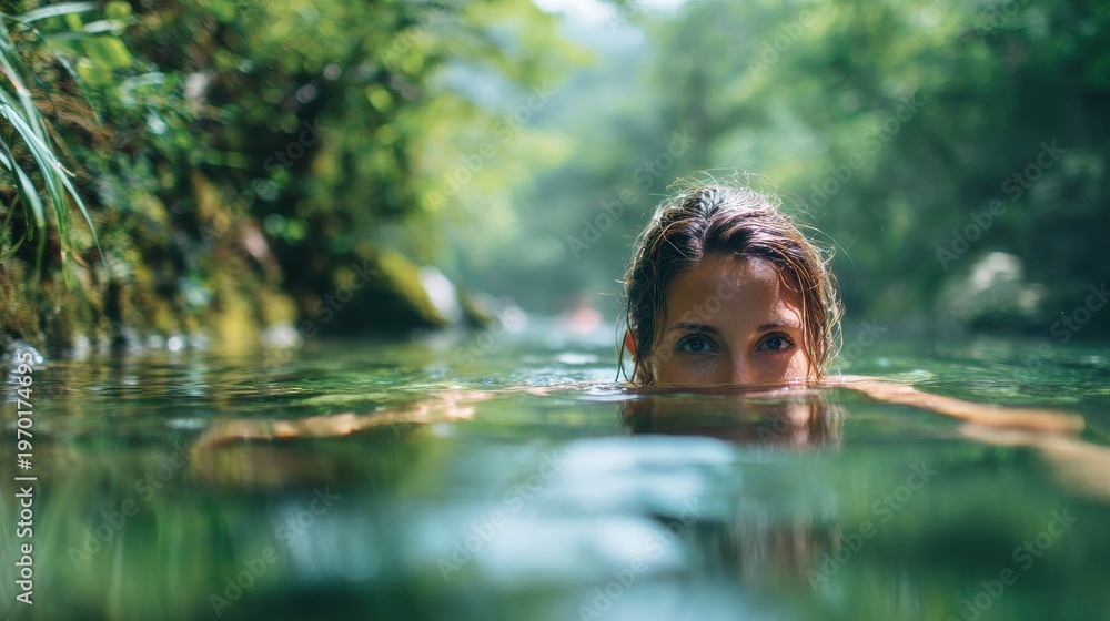 Fototapeta premium girl swimming natural pool with blured nature background