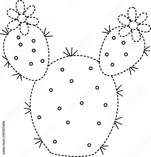 Cute Dotted Line Prickly Pear Cactus with Flowers Outline Illustration