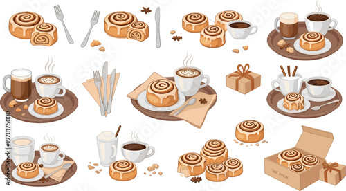 Coffee and cinnamon rolls dessert set with cups pastries gift box and cafe elements, cozy bakery vector collection isolated on white background