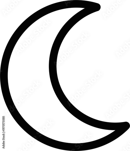 Crescent moon icon, simple line art, dark outline on white background, celestial symbol.