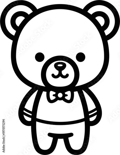 Cute cartoon teddy bear with bow tie, simple line art, white background