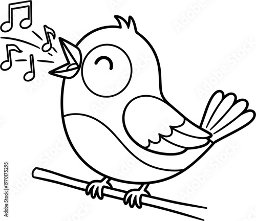 Cute cartoon bird singing on a branch, musical notes flying out of its beak, black and white illustration.