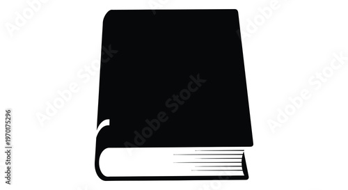 A stark black silhouette depicts a closed hardcover book with visible pages creating a simple image silhouette