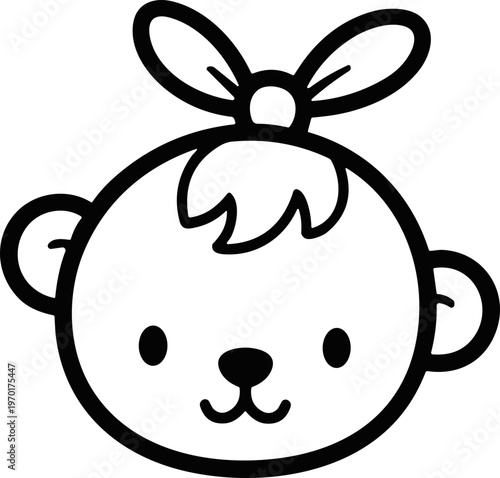 Cute baby face with bow, simple line art illustration, black and white, isolated on white background.