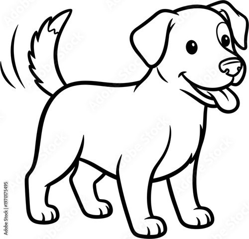 Happy cartoon dog illustration, outline drawing, white background, playful pet character